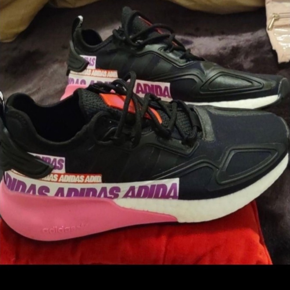 Adidas Women's Black and Purple Sneakers with Pink Sole